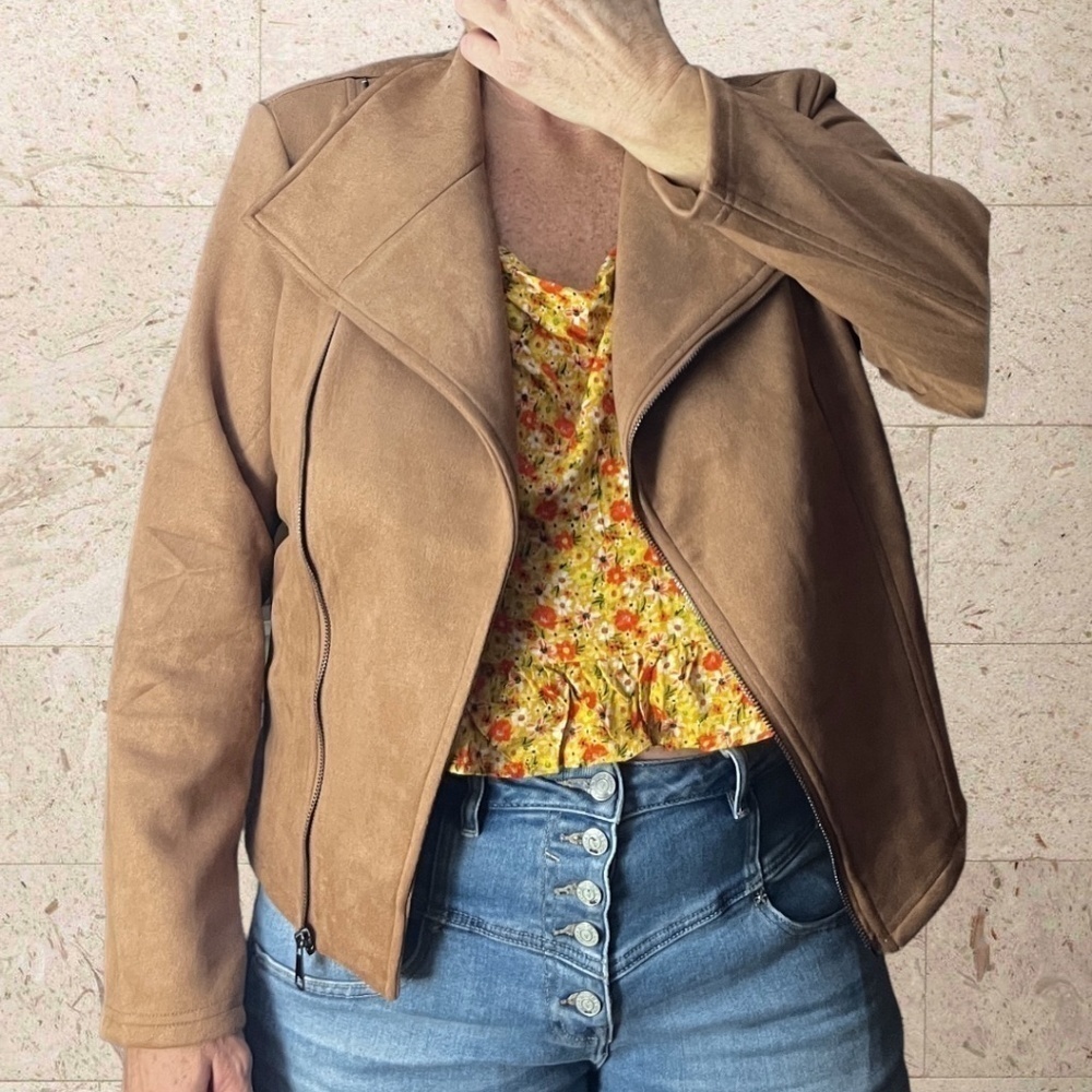 Moto-Style Soft Vegan Suede Lightweight Long Sleeve Jacket-Tan/LG/NWT - Picture 11 of 15